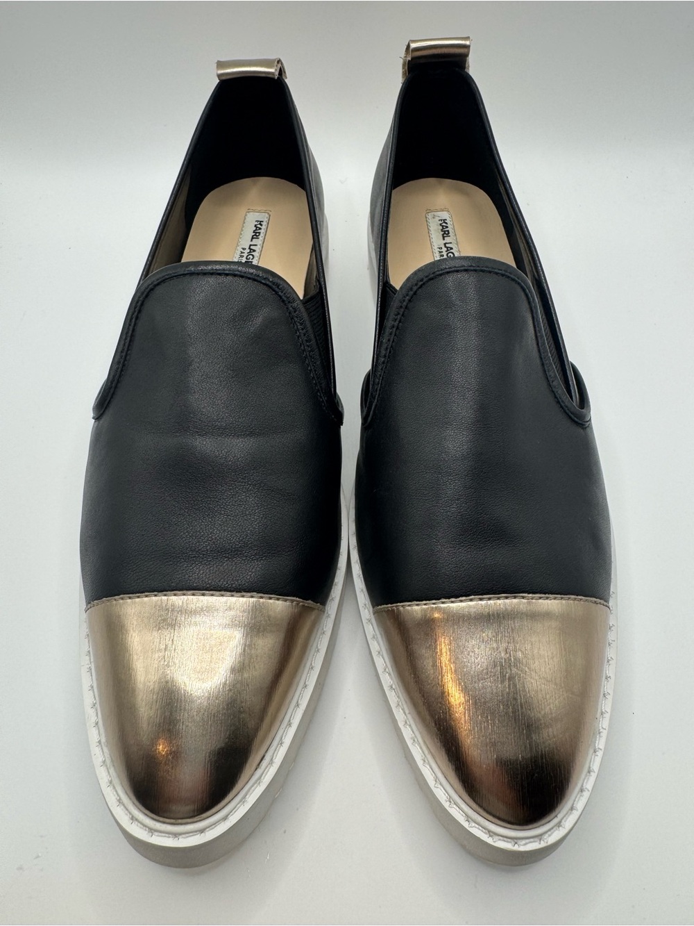 New Karl Lagerfeld Black Leather Pointed Toe Slip Ons Loafers 9 Black Gold